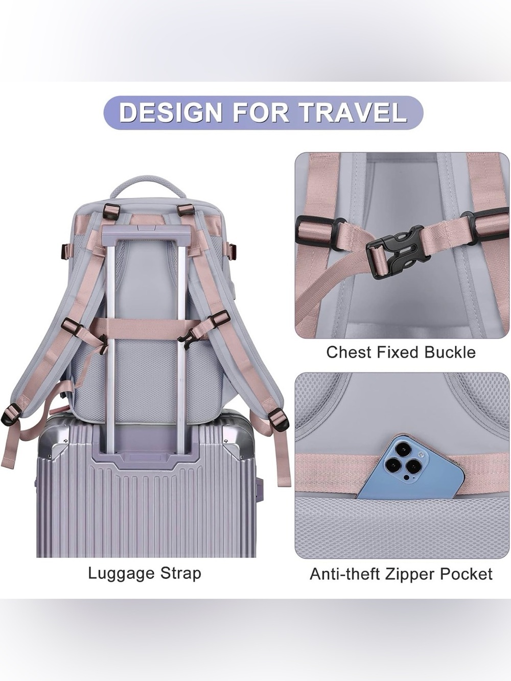 Coofay Travel Airline Approved Carry On Backpack - Lavender/Pink - Picture 7 of 16